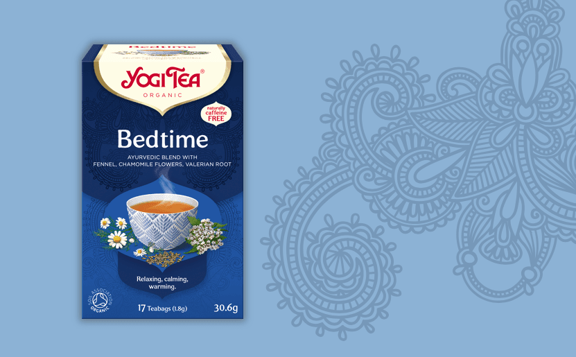 Yogi Tea Bedtime packaging against a blue background