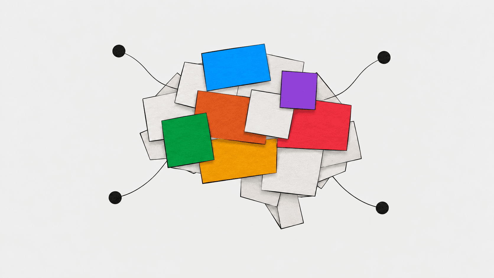 An abstract brain made from overlapping paper cards in bright blue, purple, green, red, amber and orange, connected by fine lines to four black dots.